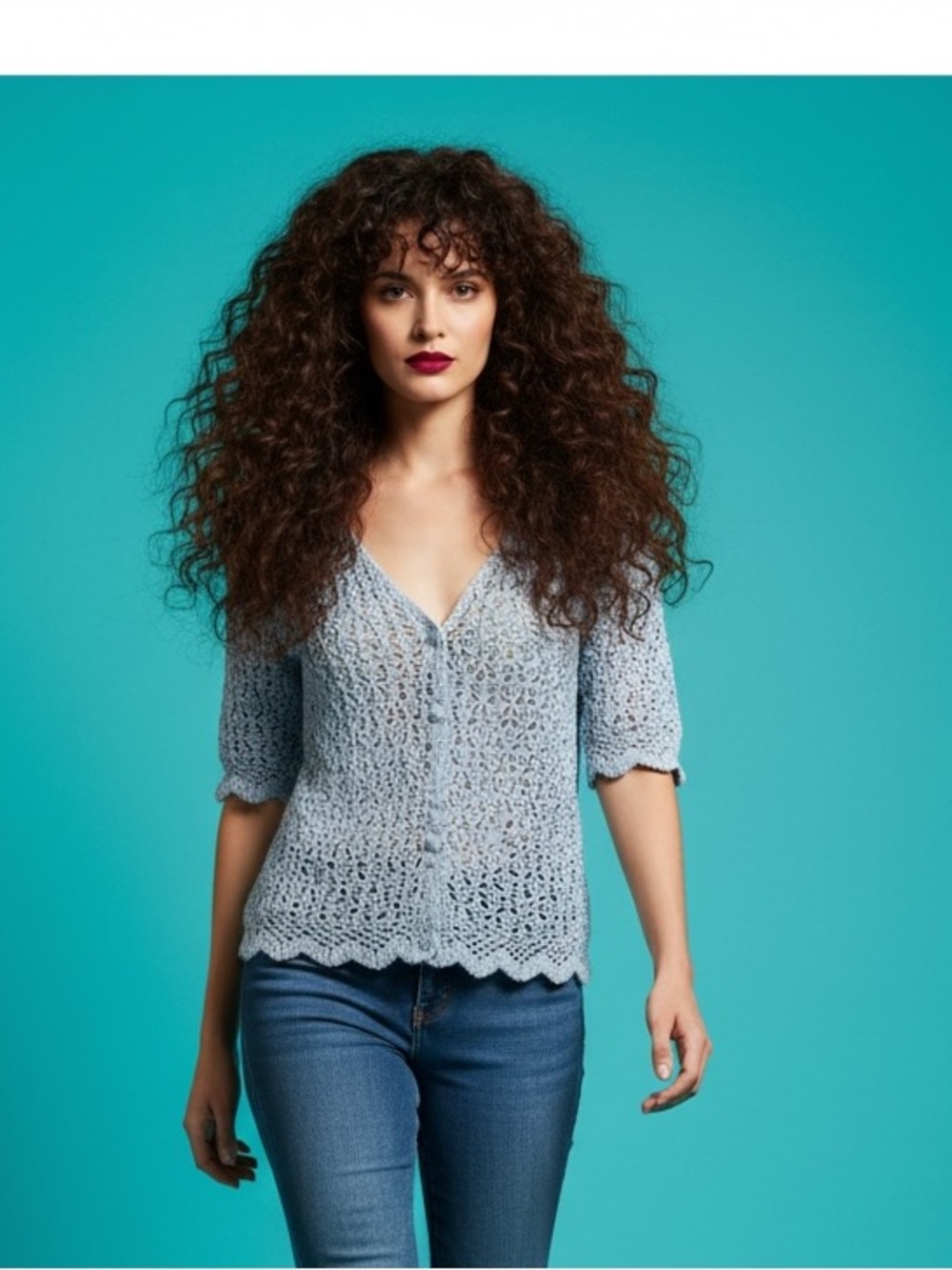 Vintage Feelings Blue Crochet Cotton Open Knit Cardigan Sweater Size M